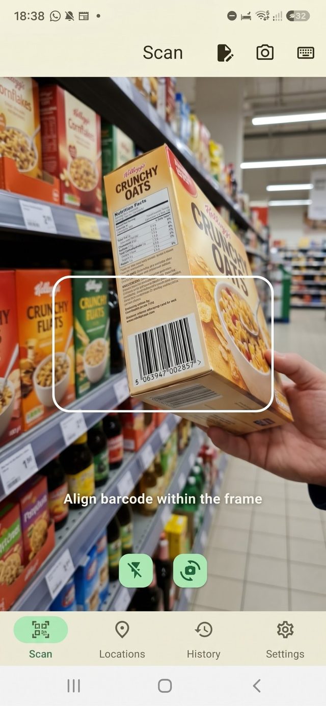 Diet Scanner app scanning a cereal box barcode